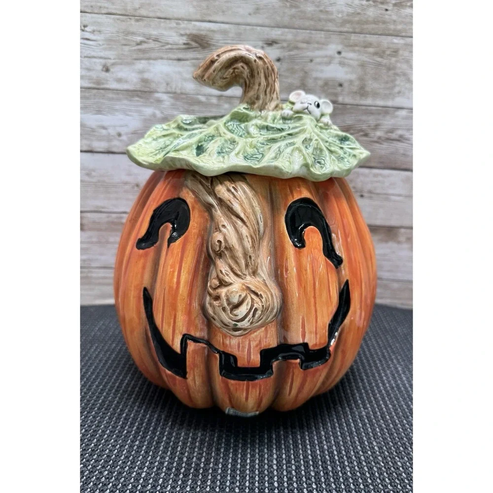1989 Omnibus OCI Fitz & Floyd Ceramic Pumpkin Halloween Cookie Jar Mouse VTG
